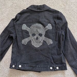 INC Black Denim Jean Jacket with Rhinestone Skull Back Design Size Small Petite